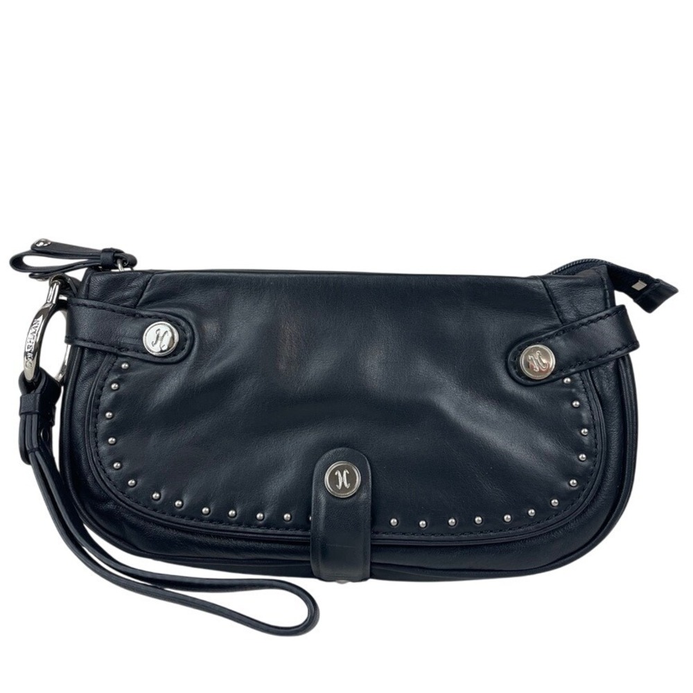 COLE HAAN Black Leather Wristlet Moto Biker Stephanie Clutch Purse Studded City